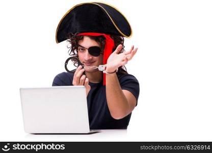 Digital security concept with pirate isolated on white
