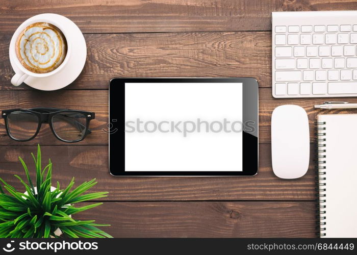 digital tablet blank screen on work desk, mockup black tablet