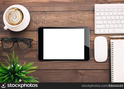 digital tablet blank screen on work desk, mockup black tablet