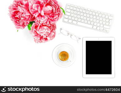 Digital Tablet PC, Keyboard, Cup of Coffee. Home office workplace business woman. Flat lay for social media blogger