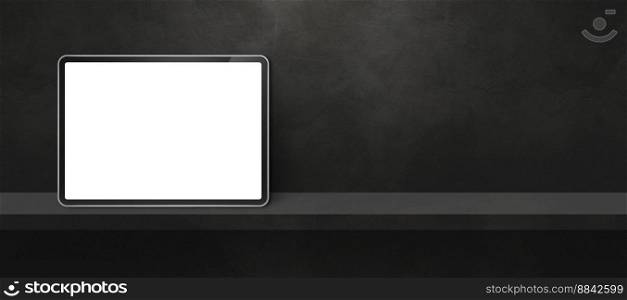 Digital tablet pc on black wall shelf. Horizontal background banner. 3D Illustration. Digital tablet pc on black wall shelf. Background banner