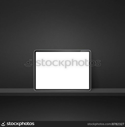 Digital tablet pc on black wall shelf. Square background banner. 3D Illustration. Digital tablet pc on black wall shelf. Square background banner
