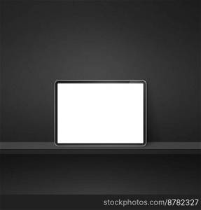 Digital tablet pc on black wall shelf. Square background banner. 3D Illustration. Digital tablet pc on black wall shelf. Square background banner