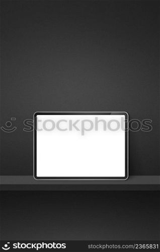 Digital tablet pc on black wall shelf. Vertical background banner. 3D Illustration. Digital tablet pc on black wall shelf. Vertical background banner