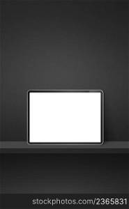 Digital tablet pc on black wall shelf. Vertical background banner. 3D Illustration. Digital tablet pc on black wall shelf. Vertical background banner