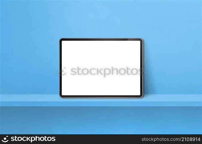 Digital tablet pc on blue wall shelf. Horizontal background banner. 3D Illustration. Digital tablet pc on blue wall shelf. Horizontal background banner