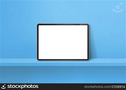 Digital tablet pc on blue wall shelf. Horizontal background banner. 3D Illustration. Digital tablet pc on blue wall shelf. Horizontal background banner