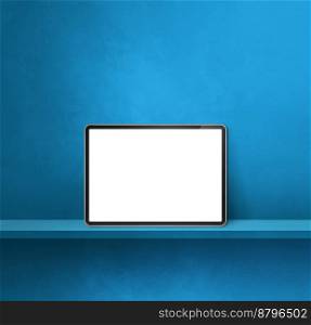 Digital tablet pc on blue wall shelf. Square background banner. 3D Illustration. Digital tablet pc on blue wall shelf. Square background banner