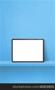 Digital tablet pc on blue wall shelf. Vertical background banner. 3D Illustration. Digital tablet pc on blue wall shelf. Vertical background banner