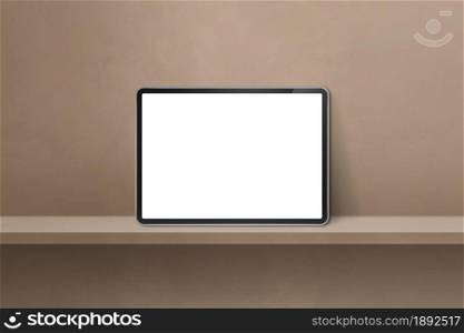 Digital tablet pc on brown wall shelf. Horizontal background banner. 3D Illustration. Digital tablet pc on brown wall shelf. Horizontal background banner