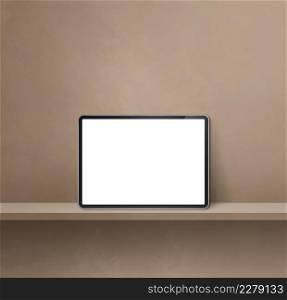 Digital tablet pc on brown wall shelf. Square background banner. 3D Illustration. Digital tablet pc on brown wall shelf. Square background banner