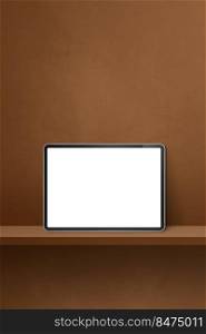 Digital tablet pc on brown wall shelf. Vertical background banner. 3D Illustration. Digital tablet pc on brown wall shelf. Vertical background banner
