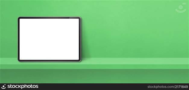 Digital tablet pc on green wall shelf. Horizontal background banner. 3D Illustration. Digital tablet pc on green wall shelf. Background banner