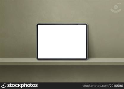 Digital tablet pc on green wall shelf. Horizontal background banner. 3D Illustration. Digital tablet pc on green wall shelf. Horizontal background banner