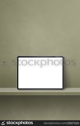 Digital tablet pc on green wall shelf. Vertical background banner. 3D Illustration. Digital tablet pc on green wall shelf. Vertical background banner