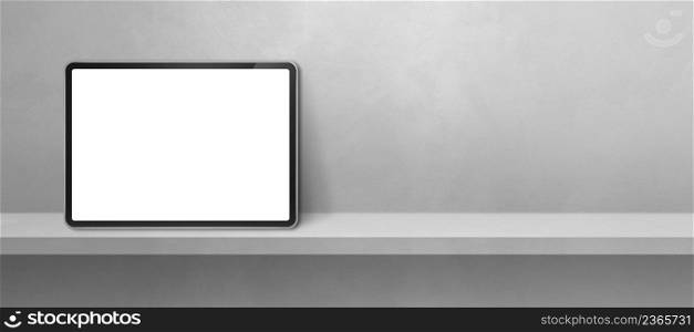 Digital tablet pc on grey wall shelf. Horizontal background banner. 3D Illustration. Digital tablet pc on grey wall shelf. Background banner
