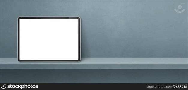 Digital tablet pc on grey wall shelf. Horizontal background banner. 3D Illustration. Digital tablet pc on grey wall shelf. Background banner