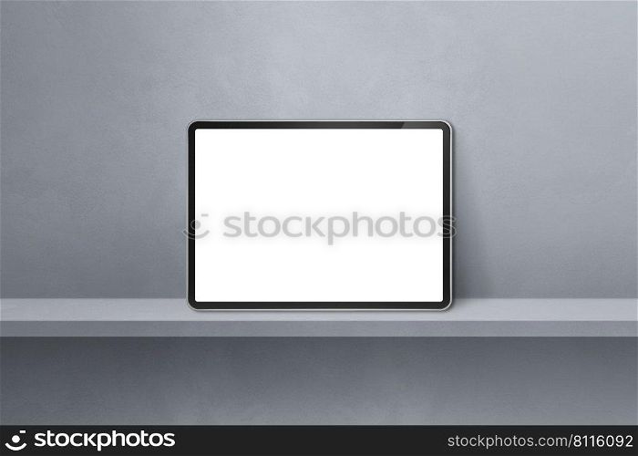 Digital tablet pc on grey wall shelf. Horizontal background banner. 3D Illustration. Digital tablet pc on grey wall shelf. Horizontal background banner