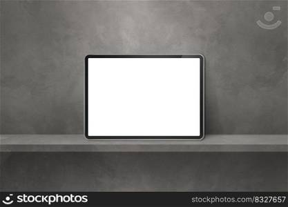 Digital tablet pc on grey wall shelf. Horizontal background banner. 3D Illustration. Digital tablet pc on grey wall shelf. Horizontal background banner