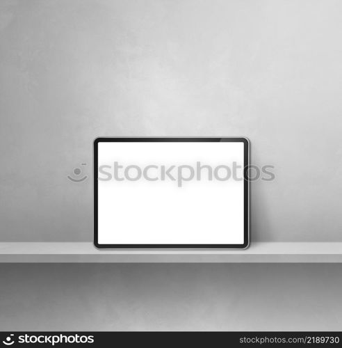 Digital tablet pc on grey wall shelf. Square background banner. 3D Illustration. Digital tablet pc on grey wall shelf. Square background banner