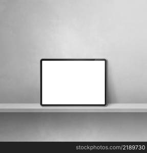 Digital tablet pc on grey wall shelf. Square background banner. 3D Illustration. Digital tablet pc on grey wall shelf. Square background banner