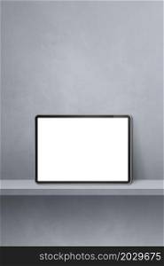 Digital tablet pc on grey wall shelf. Vertical background banner. 3D Illustration. Digital tablet pc on grey wall shelf. Vertical background banner