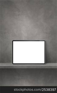 Digital tablet pc on grey wall shelf. Vertical background banner. 3D Illustration. Digital tablet pc on grey wall shelf. Vertical background banner