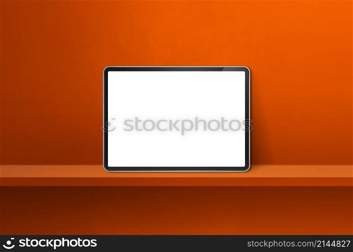Digital tablet pc on orange wall shelf. Horizontal background banner. 3D Illustration. Digital tablet pc on orange wall shelf. Horizontal background banner