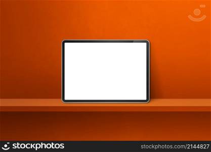 Digital tablet pc on orange wall shelf. Horizontal background banner. 3D Illustration. Digital tablet pc on orange wall shelf. Horizontal background banner