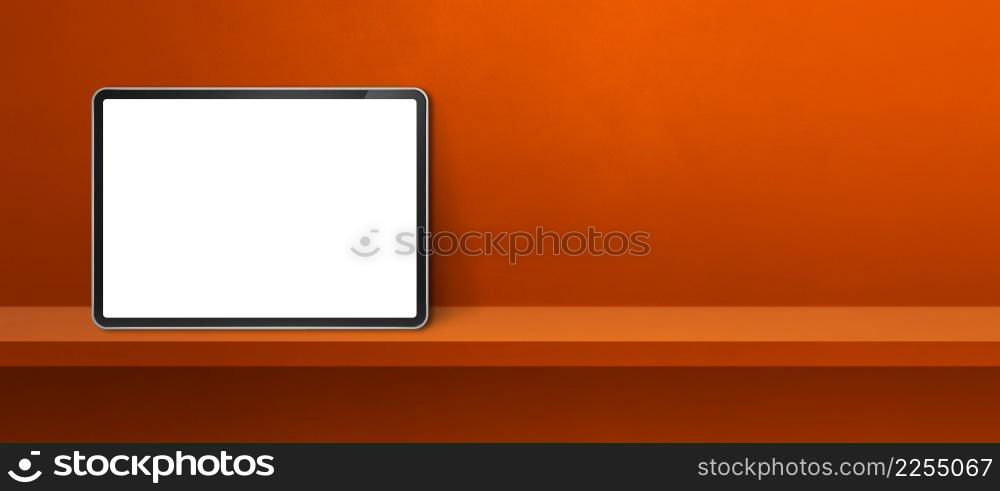 Digital tablet pc on orange wall shelf. Horizontal background banner. 3D Illustration. Digital tablet pc on orange wall shelf. Background banner