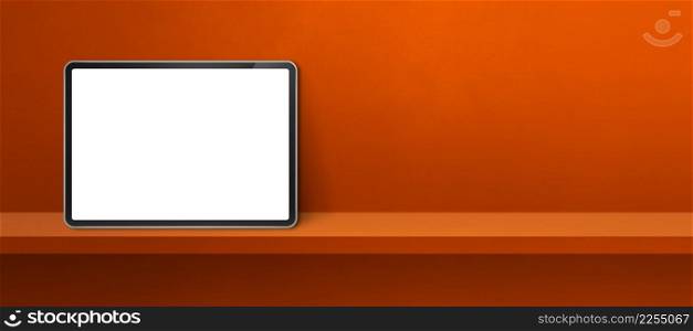 Digital tablet pc on orange wall shelf. Horizontal background banner. 3D Illustration. Digital tablet pc on orange wall shelf. Background banner