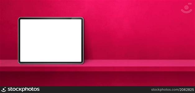 Digital tablet pc on pink wall shelf. Horizontal background banner. 3D Illustration. Digital tablet pc on pink wall shelf. Background banner