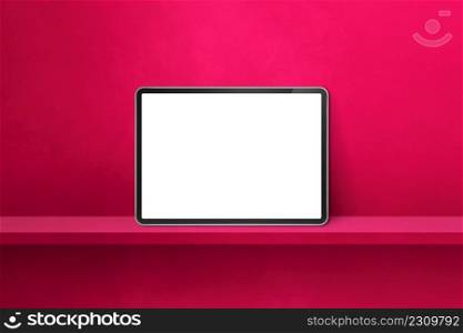 Digital tablet pc on pink wall shelf. Horizontal background banner. 3D Illustration. Digital tablet pc on pink wall shelf. Horizontal background banner