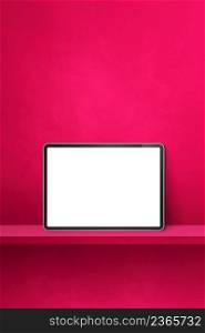 Digital tablet pc on pink wall shelf. Vertical background banner. 3D Illustration. Digital tablet pc on pink wall shelf. Vertical background banner