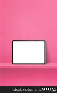 Digital tablet pc on pink wall shelf. Vertical background banner. 3D Illustration. Digital tablet pc on pink wall shelf. Vertical background banner