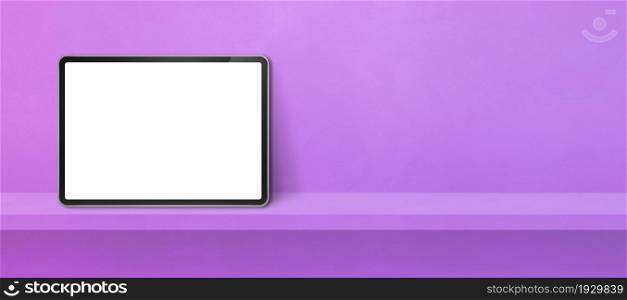 Digital tablet pc on purple wall shelf. Horizontal background banner. 3D Illustration. Digital tablet pc on purple wall shelf. Background banner