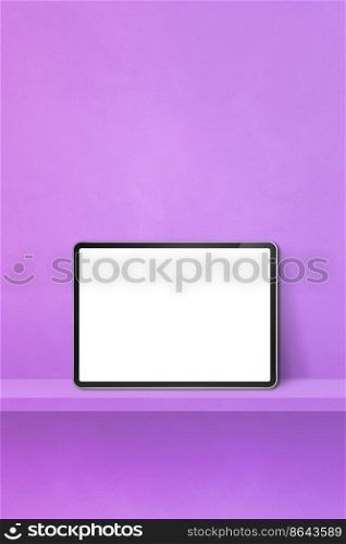 Digital tablet pc on purple wall shelf. Vertical background banner. 3D Illustration. Digital tablet pc on purple wall shelf. Vertical background banner