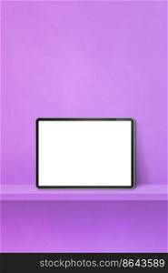 Digital tablet pc on purple wall shelf. Vertical background banner. 3D Illustration. Digital tablet pc on purple wall shelf. Vertical background banner