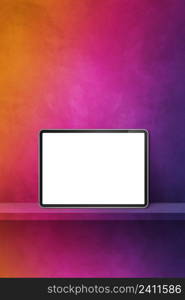 Digital tablet pc on rainbow wall shelf. Vertical background banner. 3D Illustration. Digital tablet pc on rainbow wall shelf. Vertical background banner