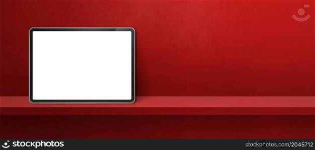 Digital tablet pc on red wall shelf. Horizontal background banner. 3D Illustration. Digital tablet pc on red wall shelf. Background banner