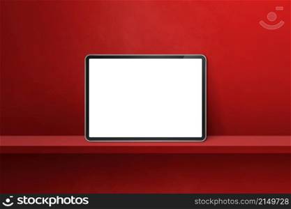 Digital tablet pc on red wall shelf. Horizontal background banner. 3D Illustration. Digital tablet pc on red wall shelf. Horizontal background banner