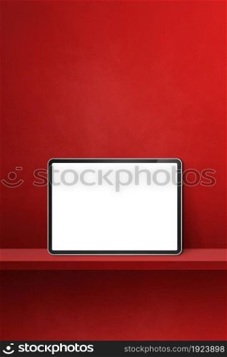 Digital tablet pc on red wall shelf. Vertical background banner. 3D Illustration. Digital tablet pc on red wall shelf. Vertical background banner