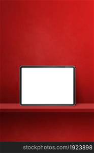 Digital tablet pc on red wall shelf. Vertical background banner. 3D Illustration. Digital tablet pc on red wall shelf. Vertical background banner