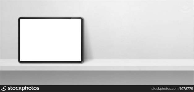 Digital tablet pc on white wall shelf. Horizontal background banner. 3D Illustration. Digital tablet pc on white wall shelf. Background banner