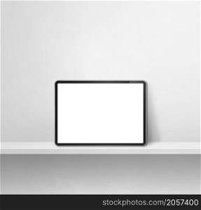 Digital tablet pc on white wall shelf. Square background banner. 3D Illustration. Digital tablet pc on white wall shelf. Square background banner