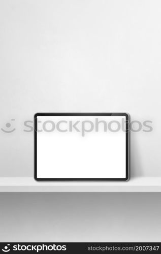 Digital tablet pc on white wall shelf. Vertical background banner. 3D Illustration. Digital tablet pc on white wall shelf. Vertical background banner