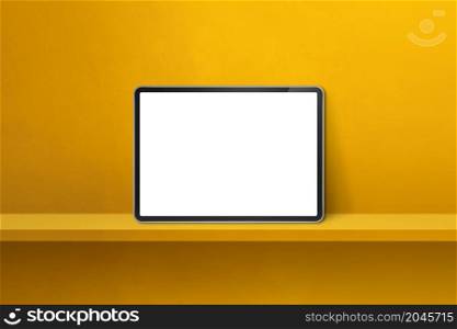 Digital tablet pc on yellow wall shelf. Horizontal background banner. 3D Illustration. Digital tablet pc on yellow wall shelf. Horizontal background banner