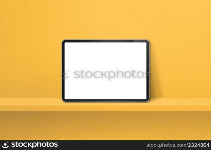 Digital tablet pc on yellow wall shelf. Horizontal background banner. 3D Illustration. Digital tablet pc on yellow wall shelf. Horizontal background banner