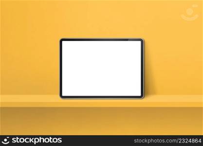 Digital tablet pc on yellow wall shelf. Horizontal background banner. 3D Illustration. Digital tablet pc on yellow wall shelf. Horizontal background banner