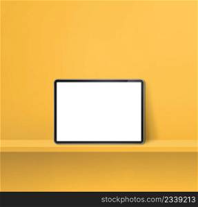 Digital tablet pc on yellow wall shelf. Square background banner. 3D Illustration. Digital tablet pc on yellow wall shelf. Square background banner